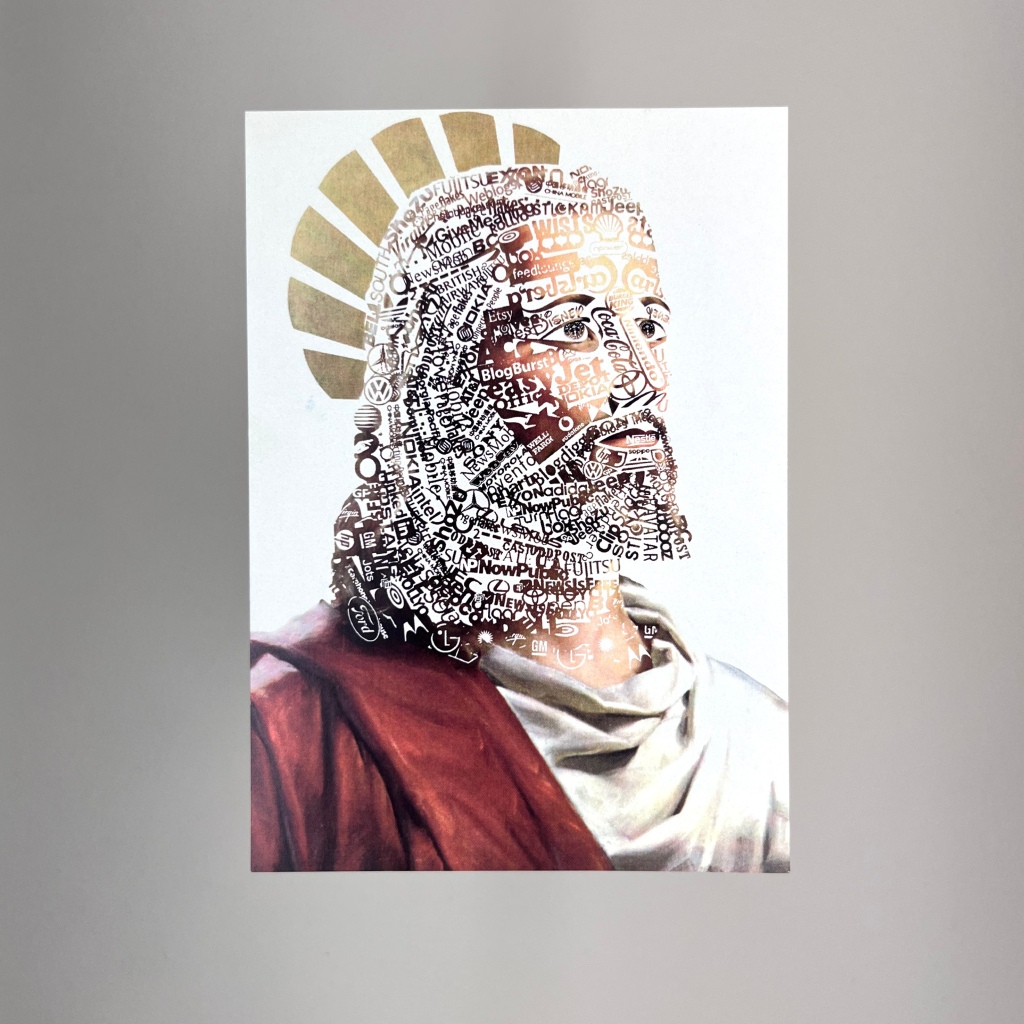 Postcard featuring an illustration of Jesus but this face is made up entirely of logos of large companies