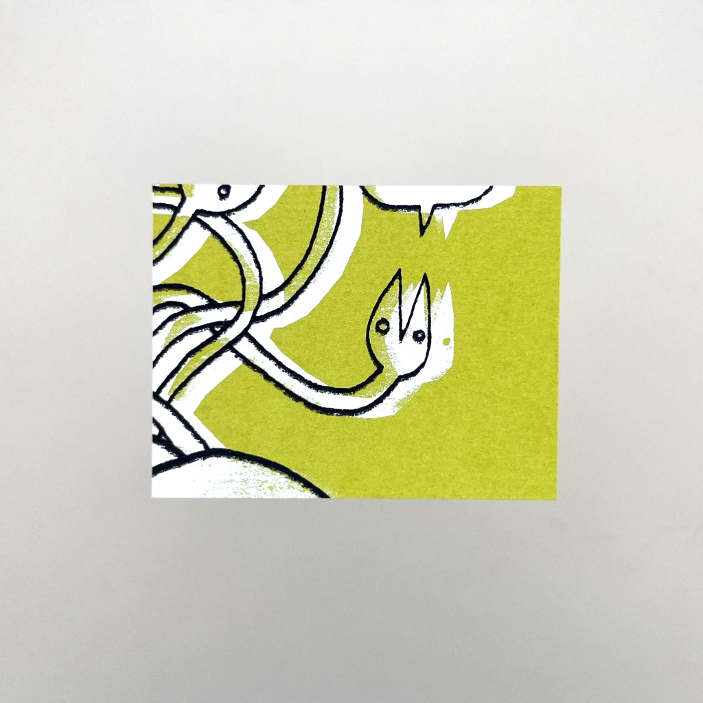 A green business card with a crop of illustrated snakes with speech bubbles.