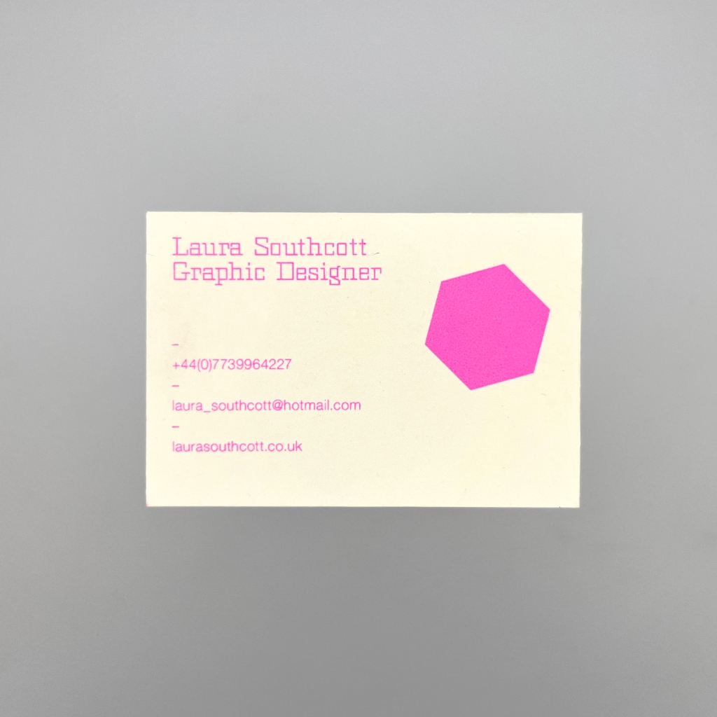 Front of a beige business card with a single pink/magenta gexagon printed on it, with details for Laura Southcott, Graphic Designer printed next to it