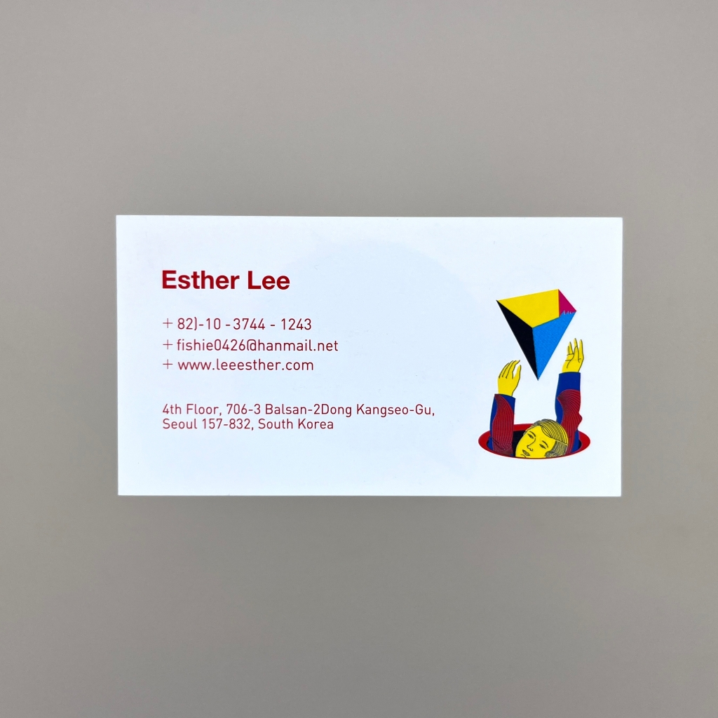 Front of business card with a brightly coloured simple illustration a person reaching up and appearing out of a hole in the ground, trying to catch a floating upside-down pyramid, next to information about Esther Lee