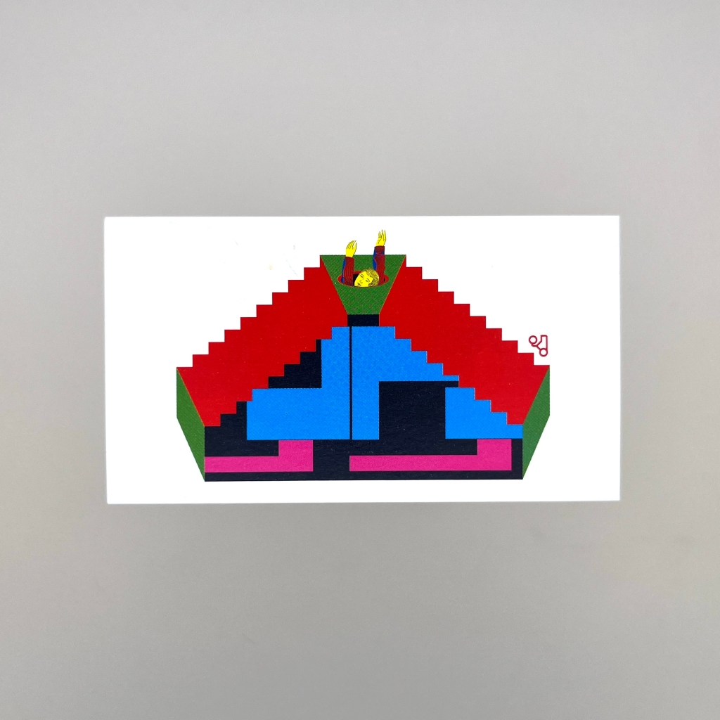 Back of business card with a brightly coloured simple illustration a person reaching up and appearing out of a hole at the top of what looks like a set of double sided stairs.