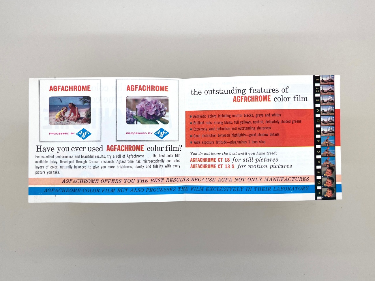 Inside of the Agfachrome film pamphlet showing colour images of photos and a strip of 8mm film alongside advertising spiel about the product.