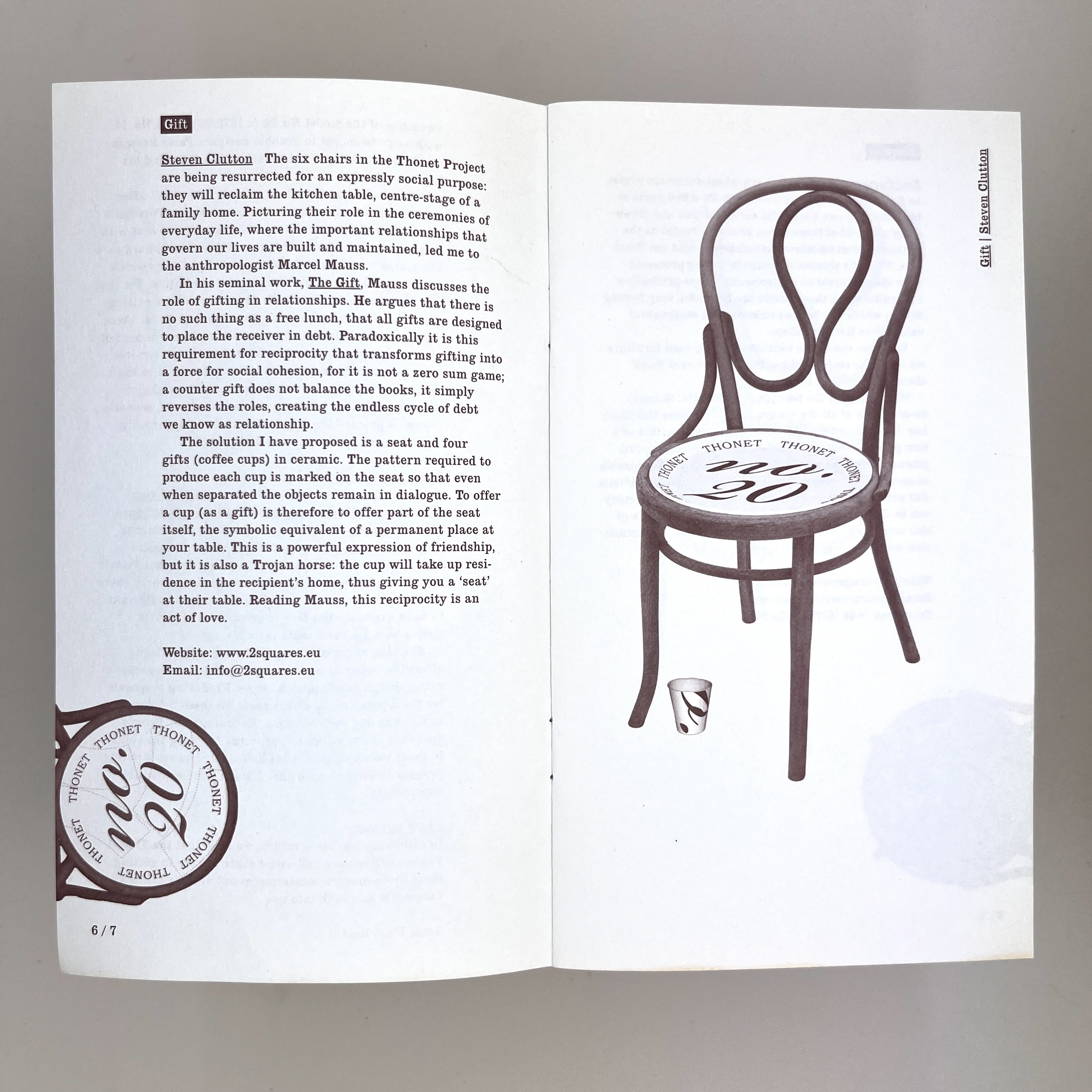 Inside pages of the pamphlet showing details and a photo of the chair