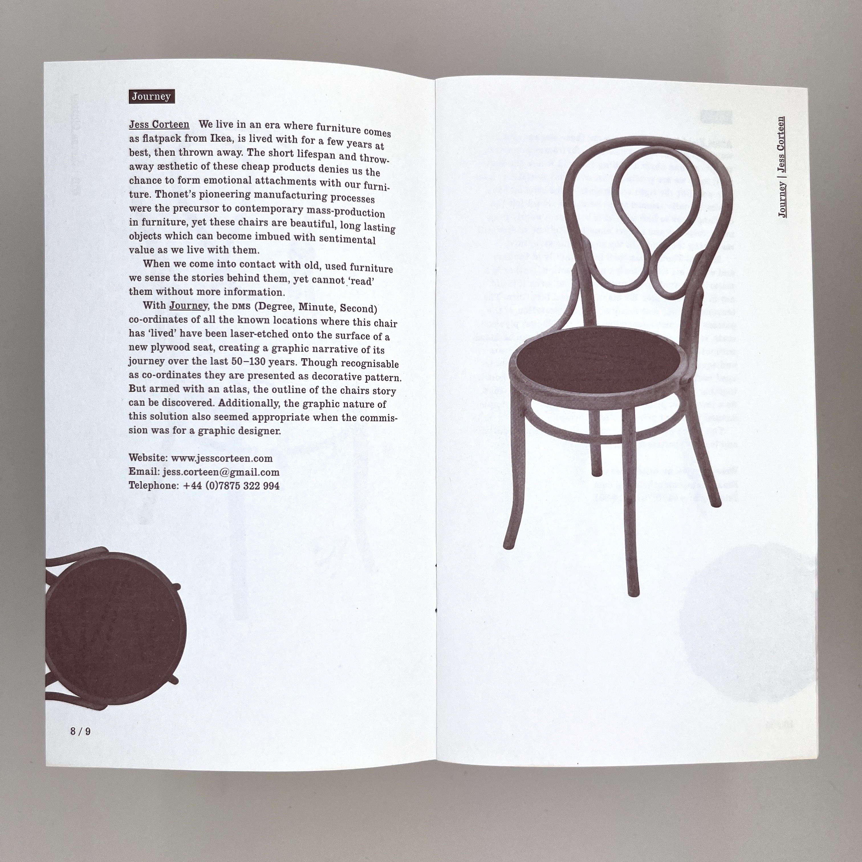 Inside pages of the pamphlet showing details and a photo of the chair