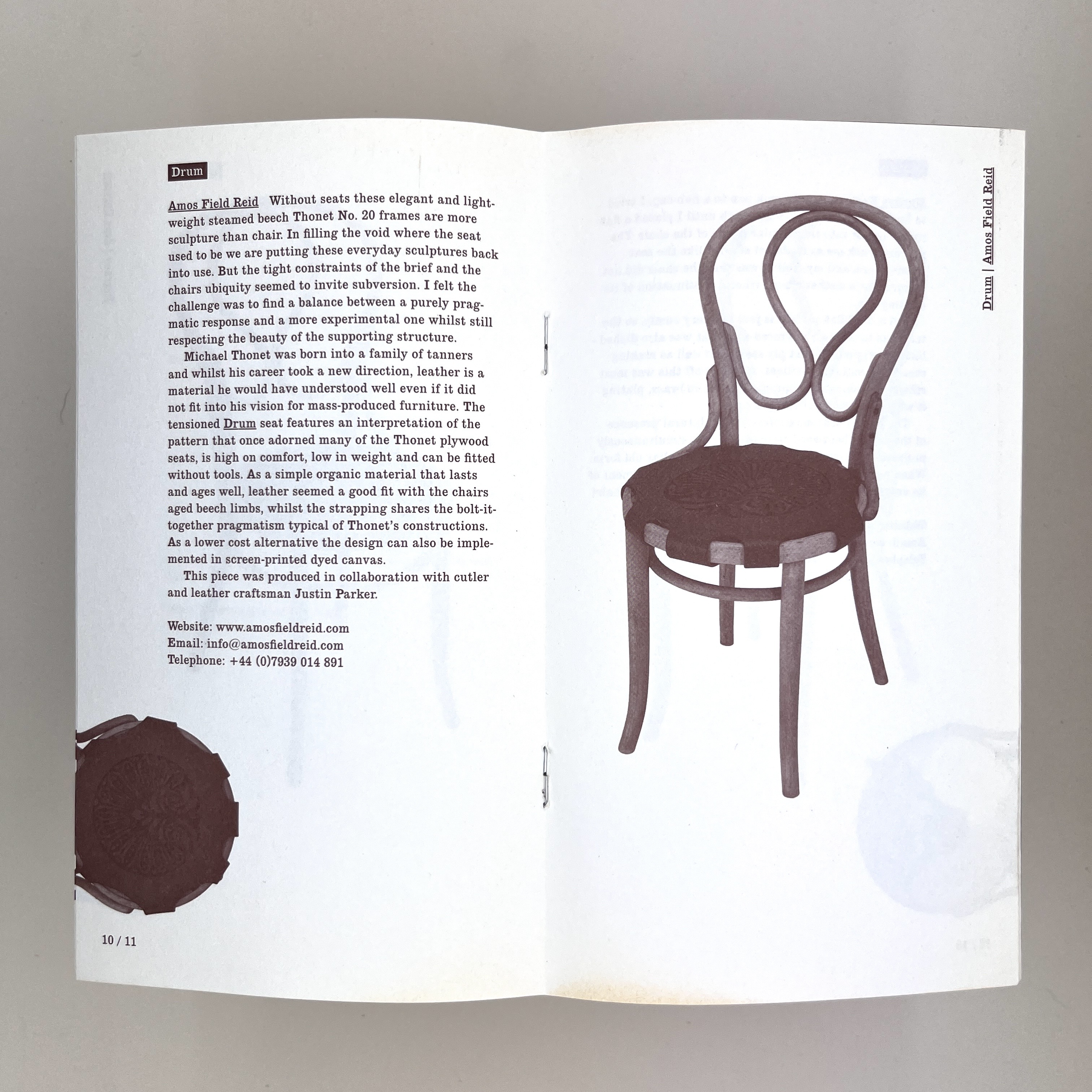 Inside pages of the pamphlet showing details and a photo of the chair